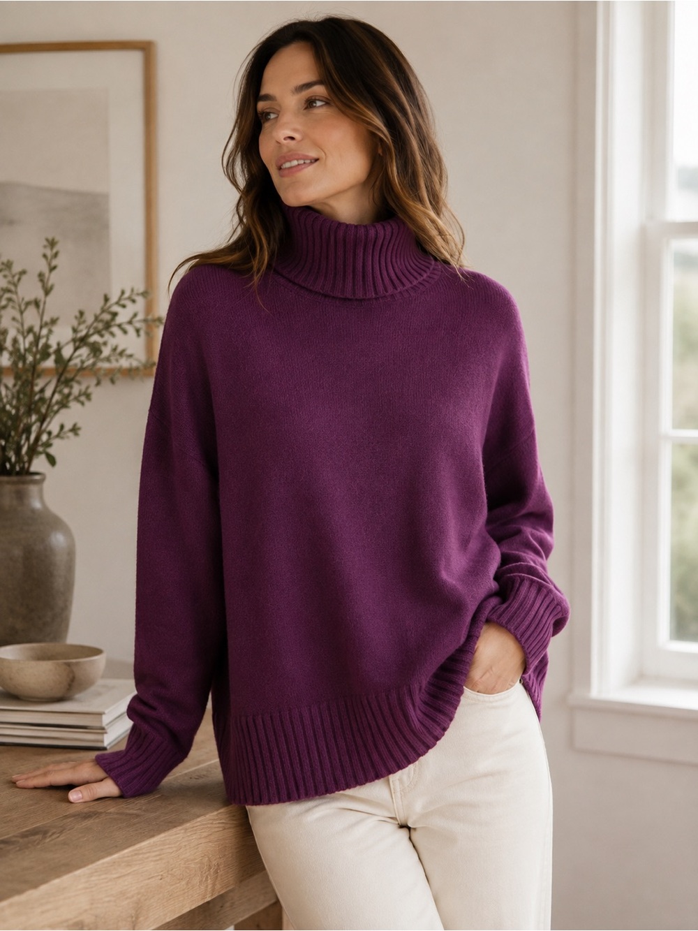 LL Bean Cotton Blend Purple Funnel Neck Women's Sweater- Medium